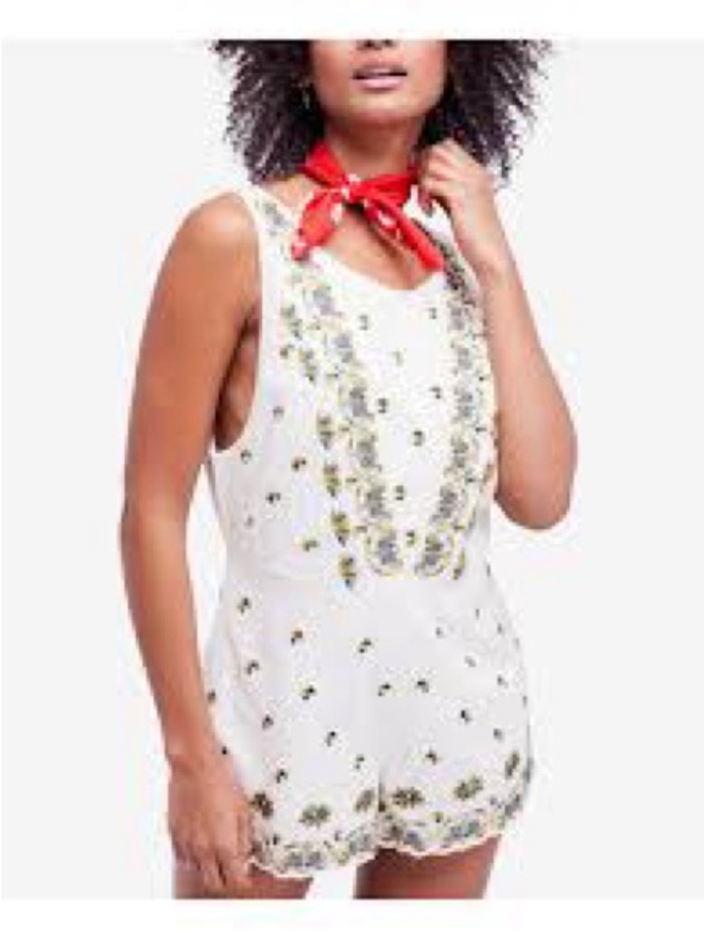 Free People White Embroidered Sleeveless Romper with Red Scarf Accent